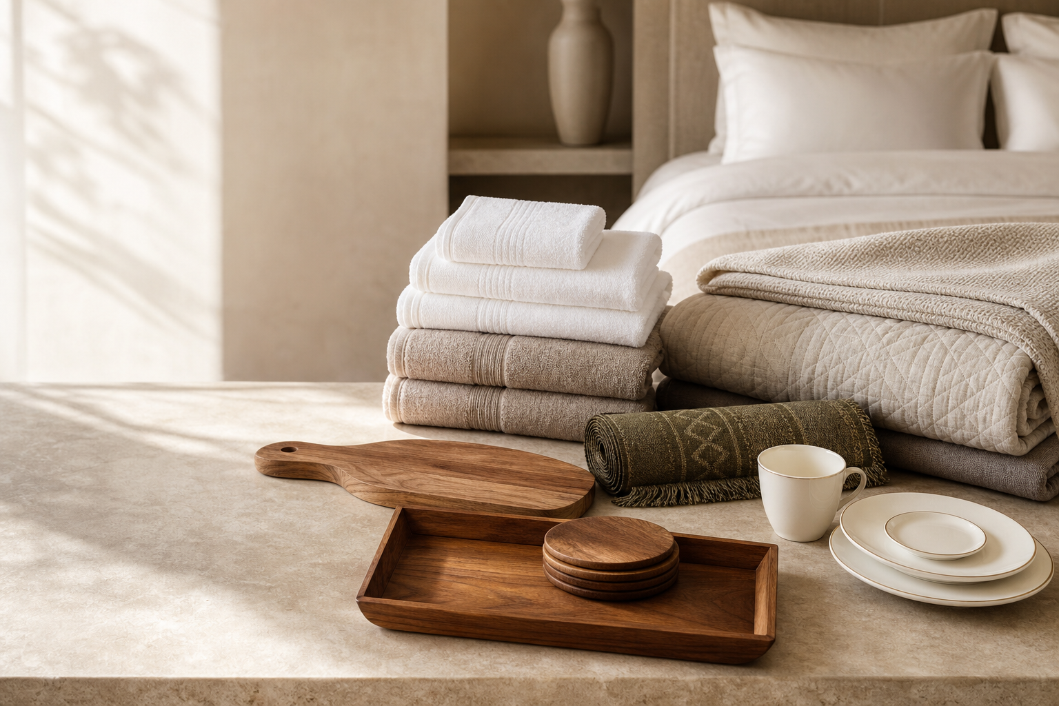 Aurio Home bedding, bath linen, prayer mat, wooden serveware and fine tableware